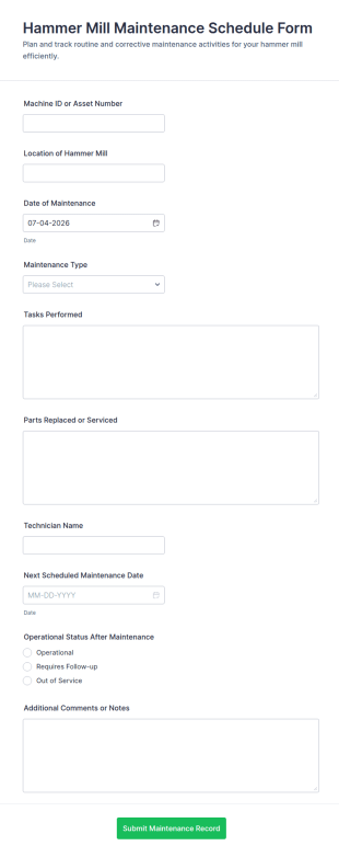 Hammer Mill Maintenance Schedule Form Template