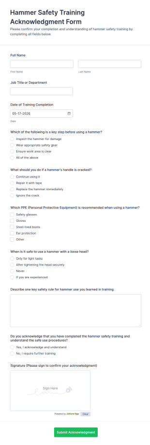 Hammer Safety Training Acknowledgment Form Template