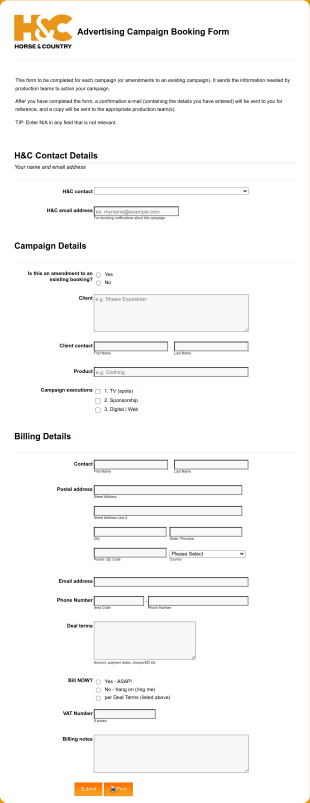 H&ampC Advertising Booking 2019 Form Template