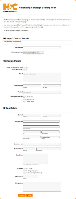H&C Advertising Booking 2019 Form Template