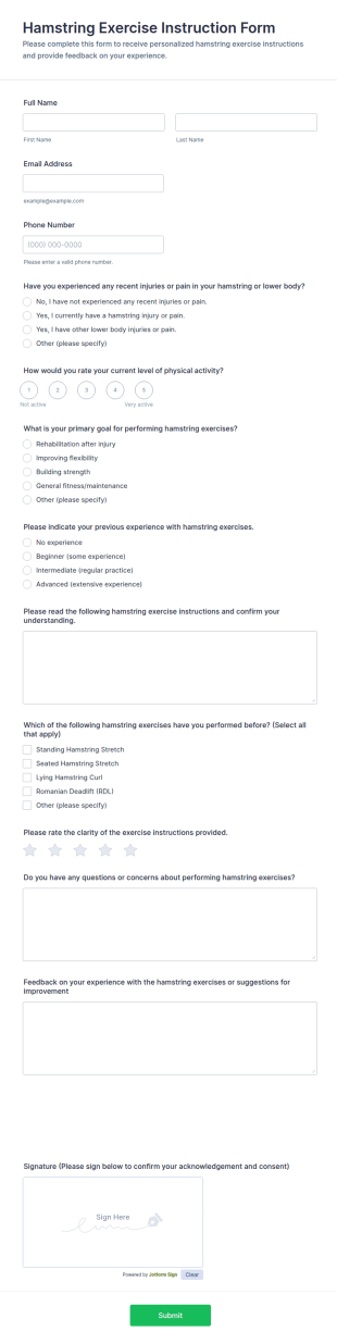 Hamstring Exercise Instruction Form Template