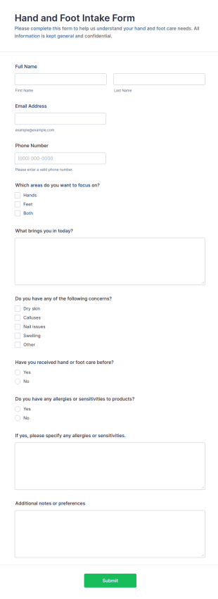 Hand And Foot Intake Form Template