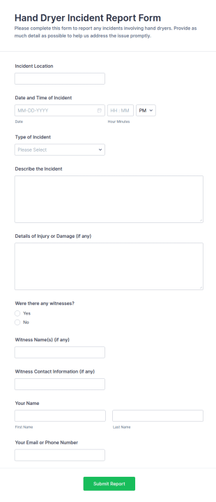 Hand Dryer Incident Report Form Template