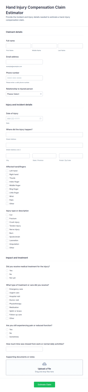 Hand Injury Compensation Claim Estimator Form Template