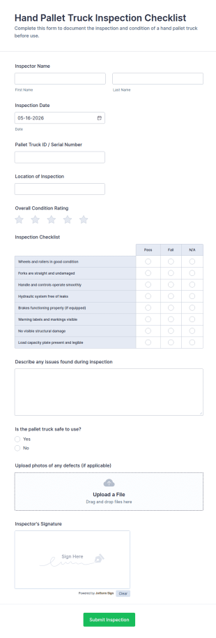 Hand Pallet Truck Inspection Checklist Form Template