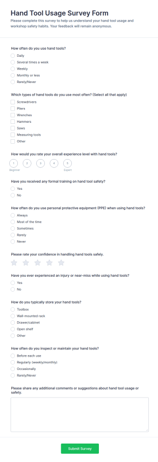 Hand Tool Usage Survey Form Template