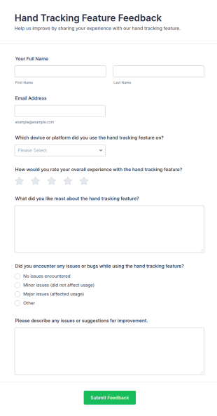 Hand Tracking Feature Feedback Form Template