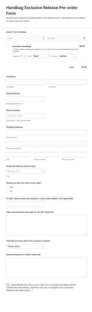 Handbag Exclusive Release Pre Order Form Template