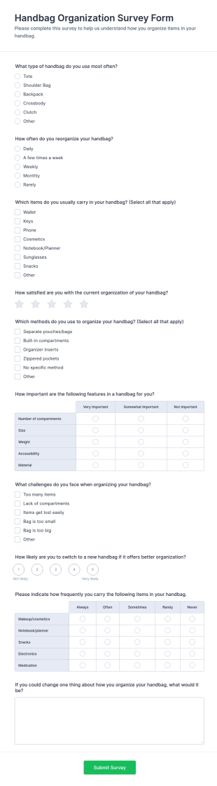 Handbag Organization Survey Form Template
