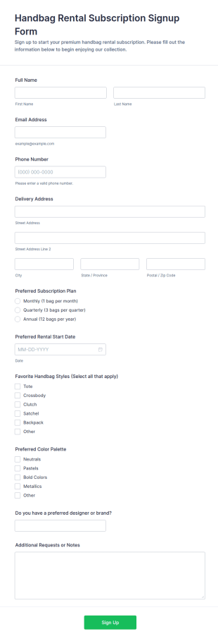 Handbag Rental Subscription Signup Form Template