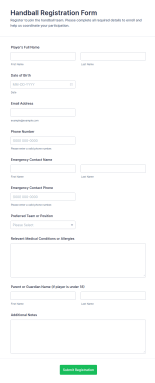 Handball Registration Form Template