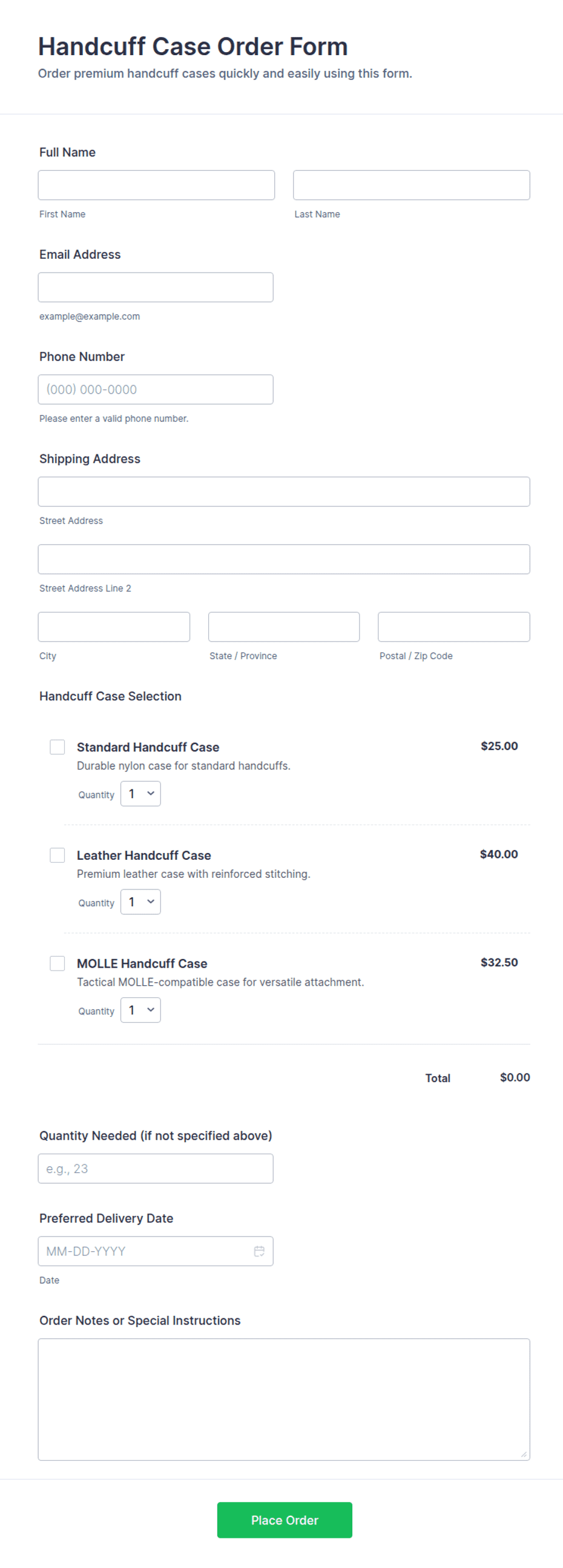 Handcuff Case Order Form Template | Jotform