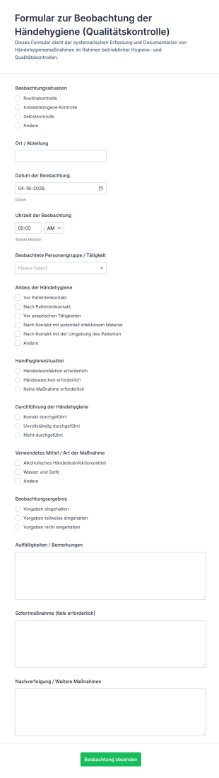 Händehygiene Überwachungsformular