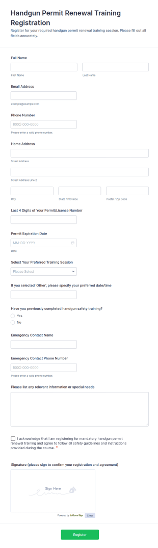 Handgun Permit Renewal Training Registration Form Template