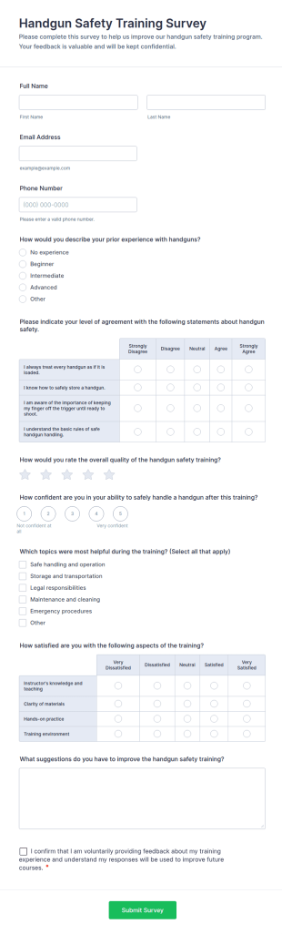 Handgun Safety Training Survey Form Template