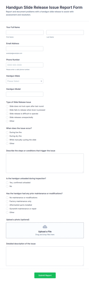 Handgun Slide Release Issue Report Form Template