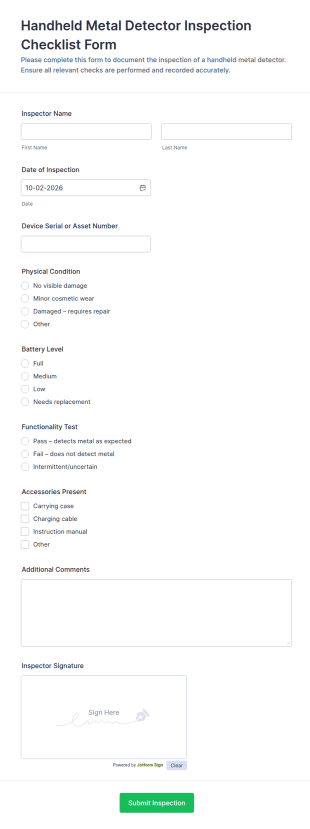 Handheld Metal Detector Inspection Checklist Form Template