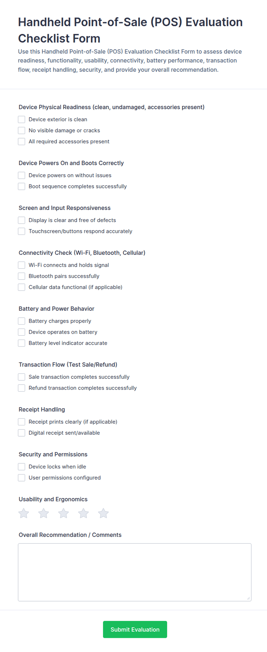 Handheld Point-of-Sale (POS) Evaluation Checklist Form Template | Jotform