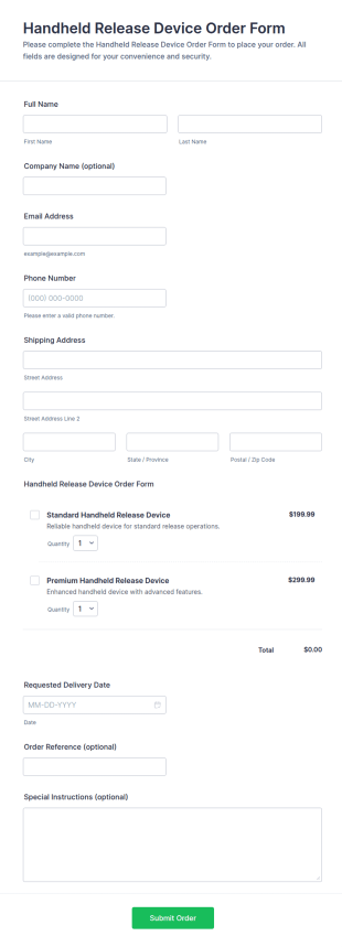 Handheld Release Device Order Form Template