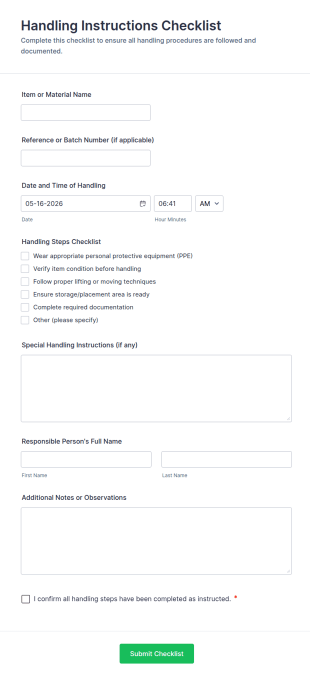 Handling Instructions Checklist Form Template