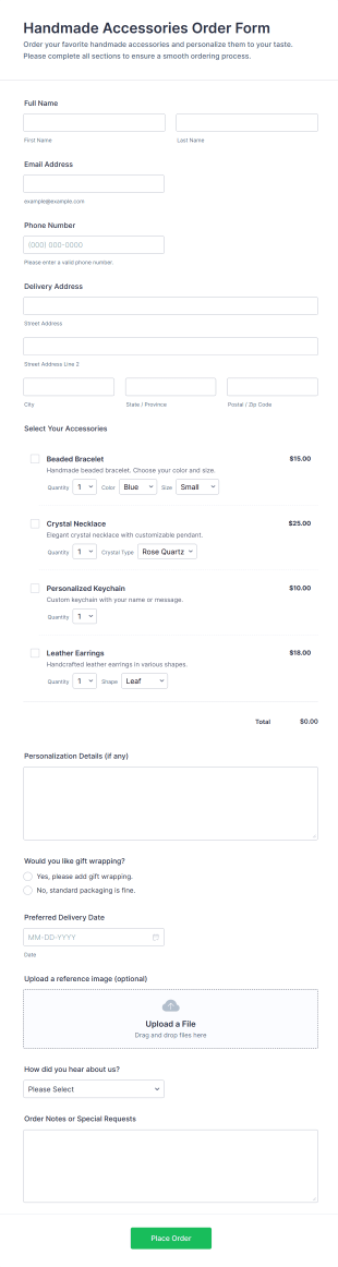 Handmade Accessories Order Form Template