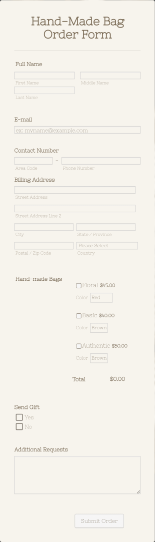 HandMade Bag Order Form Worldpay UK Payment Form