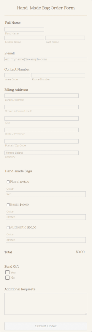 HandMade Bag Order Form Worldpay UK Payment Form