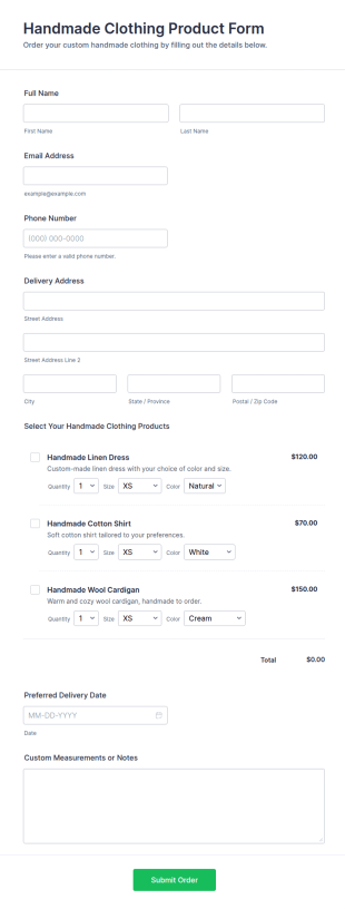 Handmade Clothing Product Form Template