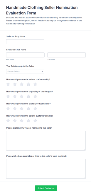 Handmade Clothing Seller Nomination Evaluation Form Template