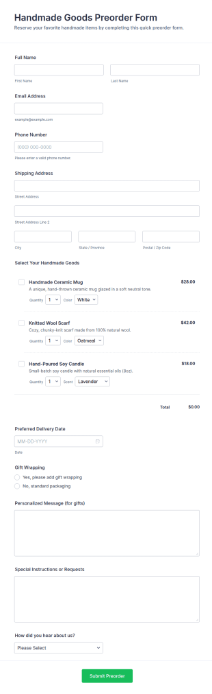 Handmade Goods Preorder Form Template