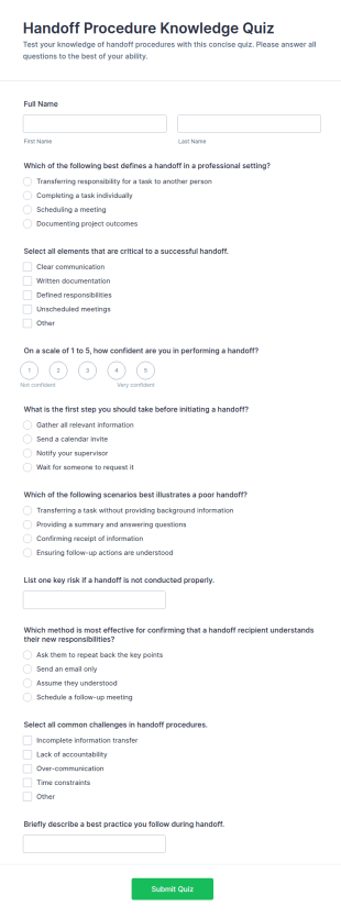 Handoff Procedure Knowledge Quiz Form Template