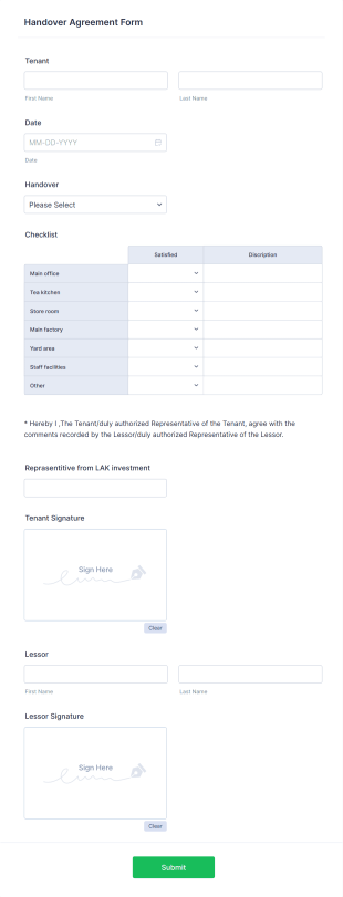 Handover Agreement Form Form Template