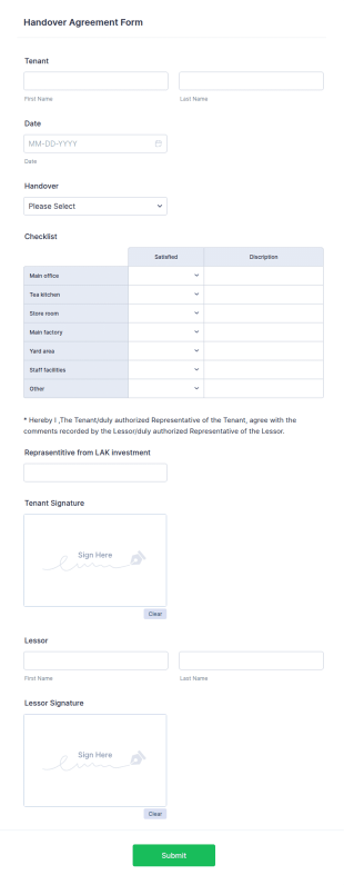 Handover Agreement Form Form Template