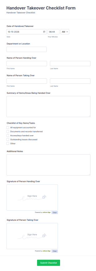 Handover Takeover Checklist Form Template