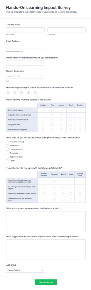 Hands On Learning Impact Survey Form Template