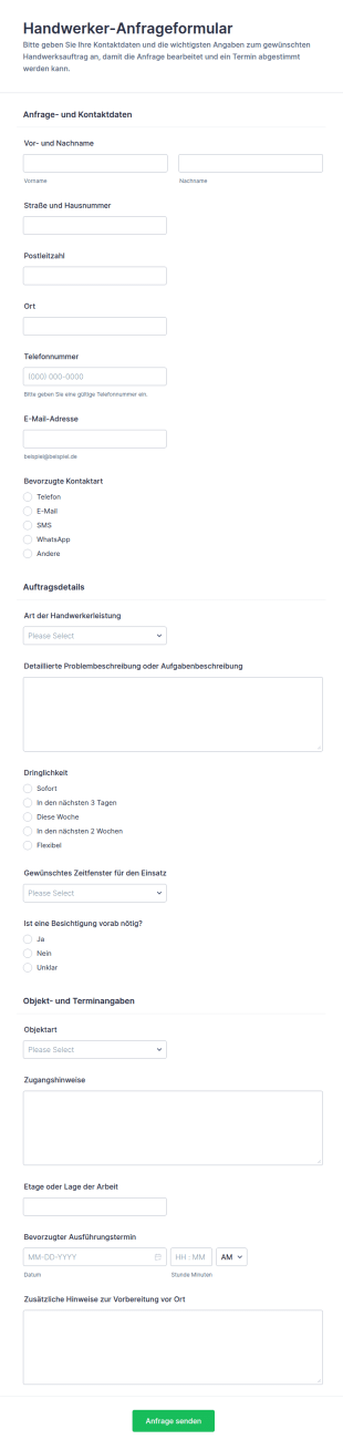 Handwerker Service Anfrage Formular