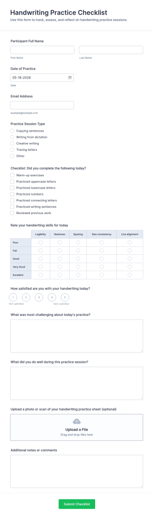 Handwriting Practice Checklist Form Template