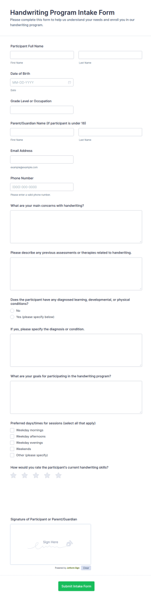 Handwriting Program Intake Form Template