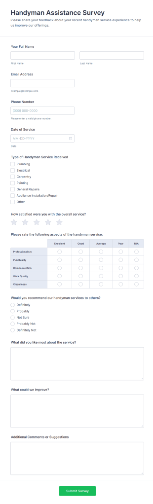 Handyman Assistance Survey Form Template