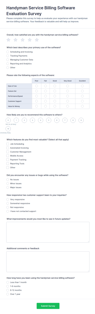 Handyman Service Billing Software Evaluation Survey Form Template