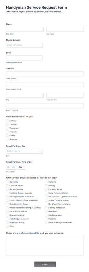 Handyman Service Request Form Template
