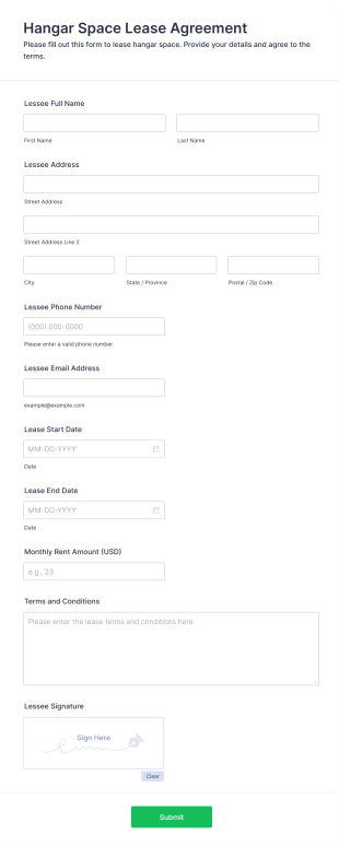 Hangar Space Lease Agreement Form Template