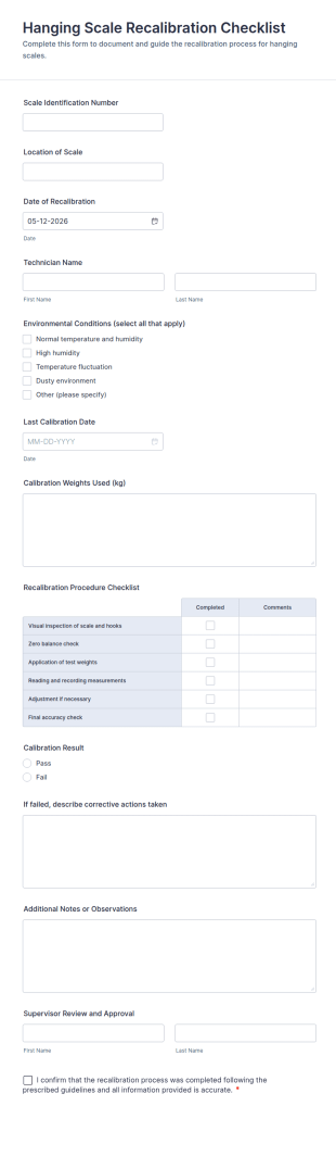 Hanging Scale Recalibration Checklist Form Template