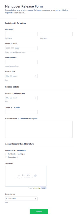 Hangover Release Form Template