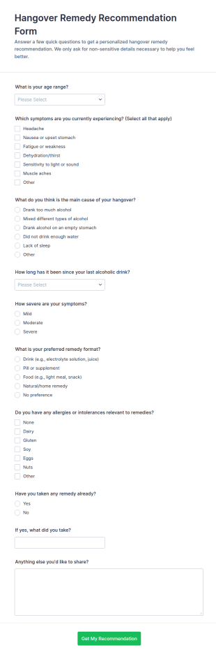 Hangover Remedy Recommendation Form Template
