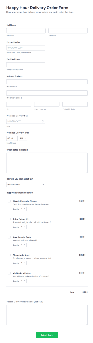 Happy Hour Delivery Order Form Template
