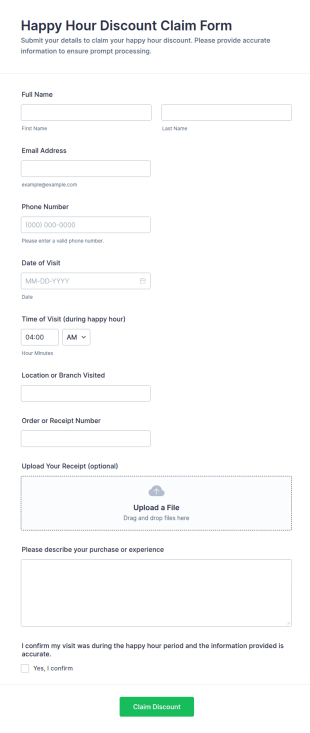 Happy Hour Discount Claim Form Template