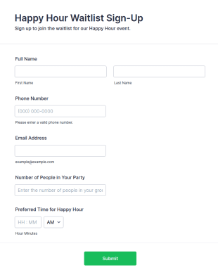 Happy Hour Waitlist Sign Up Form Template