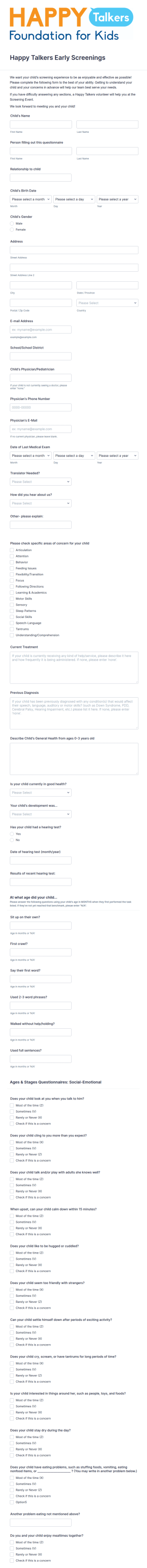 Child Screening Registration Form Template