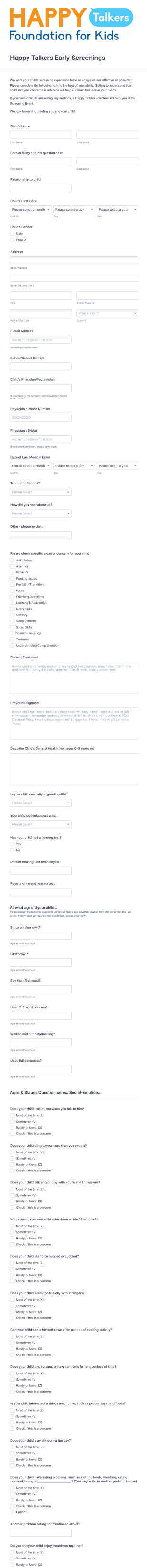 Child Screening Registration Form Template